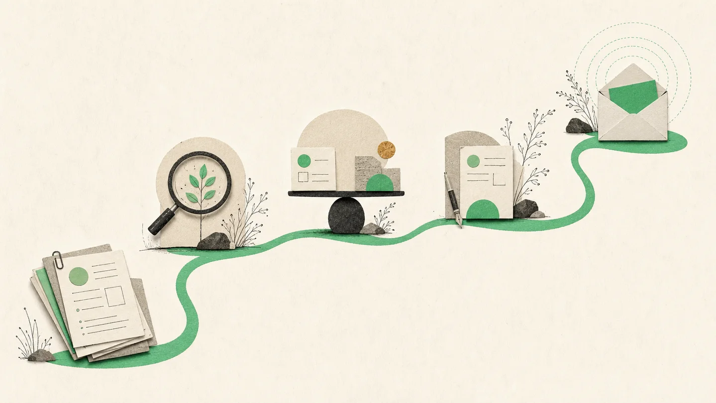 An illustrated green path connecting application papers, review checkpoints, and a reply envelope